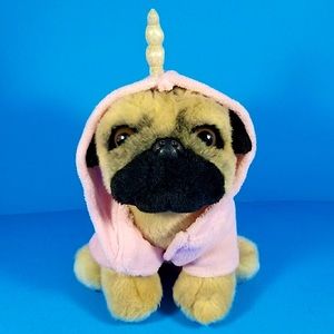 Doug The Pug Plush with Pink Hoodie Unicorn Bathrobe Soft Beanie Plushie